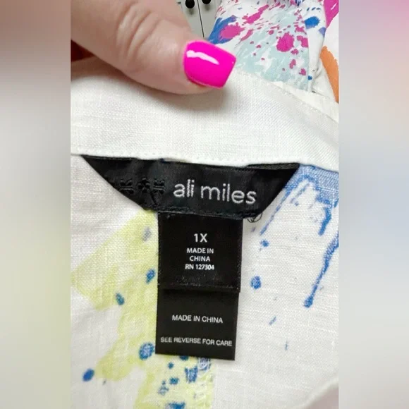 Ali Miles 100% Linen Abstract Art Print Blouse Colorful Lightweight Top 1X NWT - Picture 3 of 8